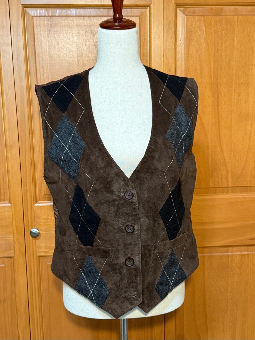 Vintage Limited Brown Suede & Wool Blend Argyle Vest